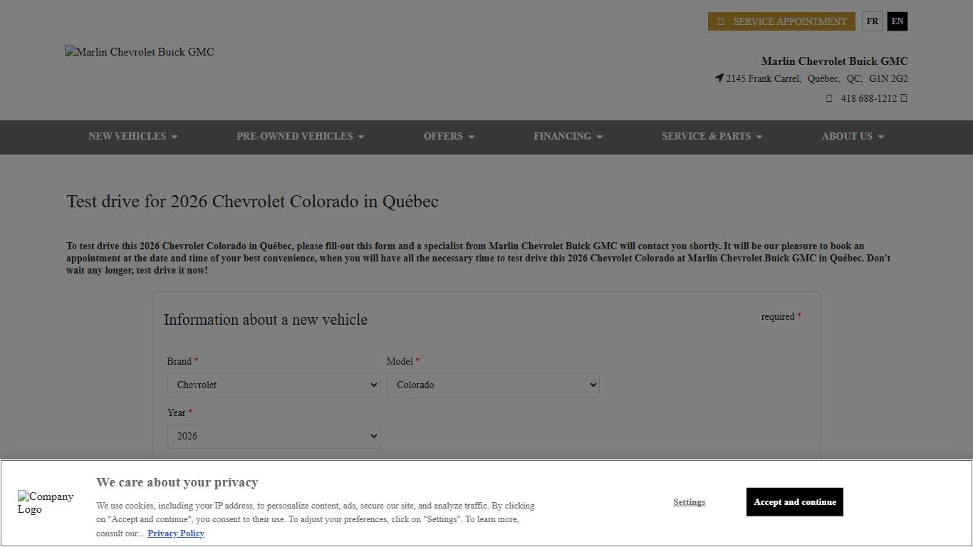 Test drive for 2026 Chevrolet Colorado in Québec Come take a test drive of a 2026 Chevrolet Colorado in Québec at Marlin Chevrolet Buick GMC