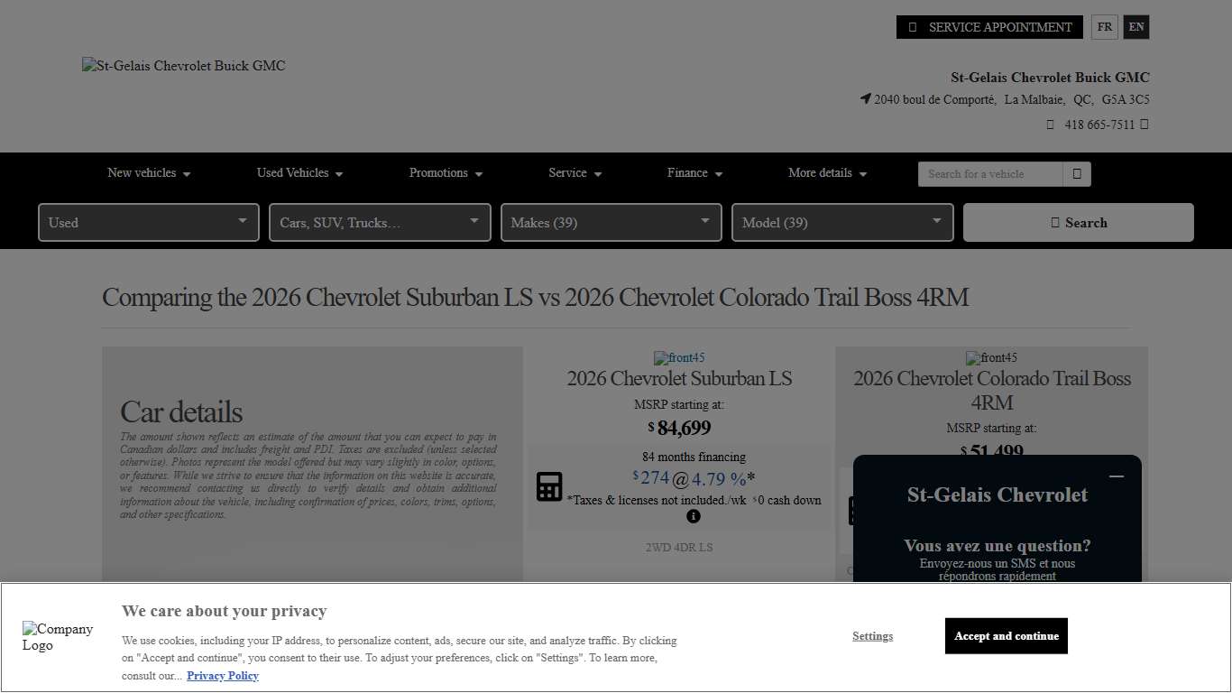 Comparing the 2026 Chevrolet Suburban LS vs Chevrolet Colorado Trail Boss 4RM 2026 at St-Gelais Chevrolet Buick GMC in La Malbaie.
